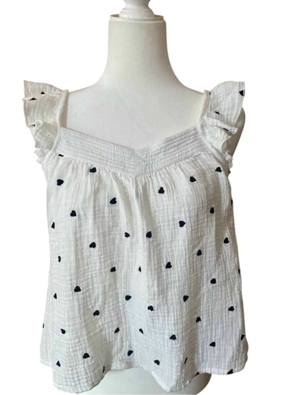Rachel Zoe White Black Heart Embroidered Cotton Gauze Ruffle Tank Top S